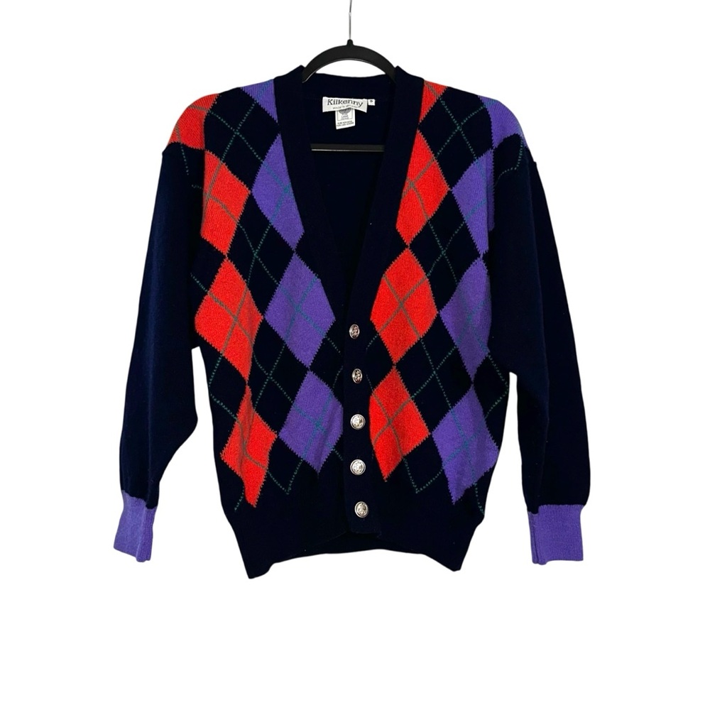 Kilkenny Ireland Pure New Virgin Wool Navy Argyle Cardigan Vintage SMALL